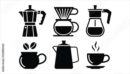 Coffee Maker and Cup Silhouette Icon Set Vector