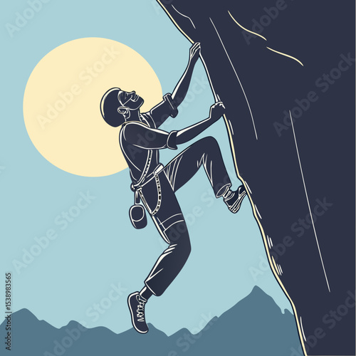 Illustration of a climber ascending a rock face with a harness under a bright sun and mountain range