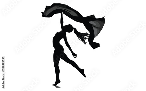Silhouette of Dancing Woman with Scarf in Motion Vector

