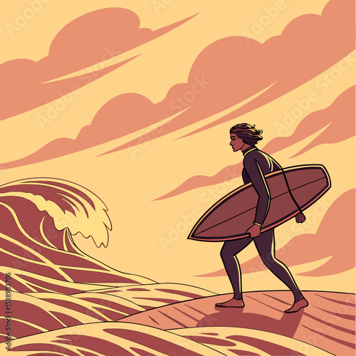 A surfer in a wetsuit carrying a surfboard walks along the beach with waves and clouds in the background