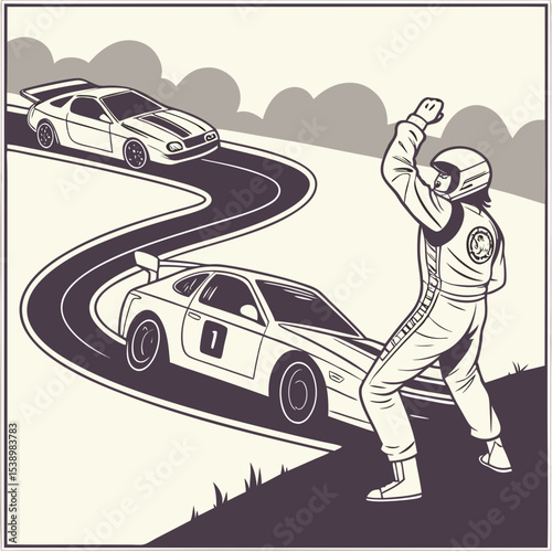 Two race cars on a winding track with a waving race official in a vintage style monochrome illustration