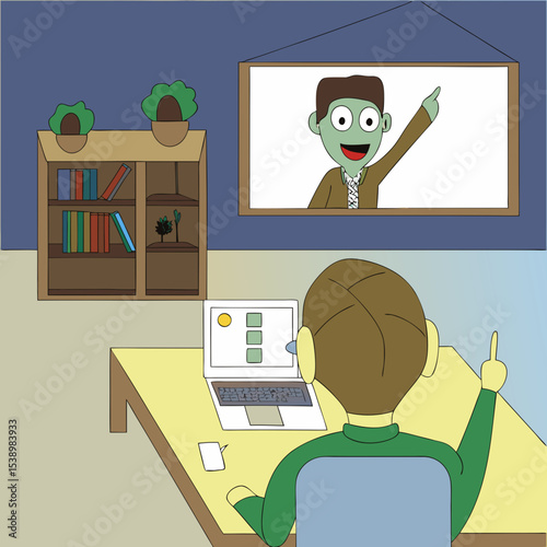 A person watching a zombie presenter on a laptop with a bookcase and a picture in the background