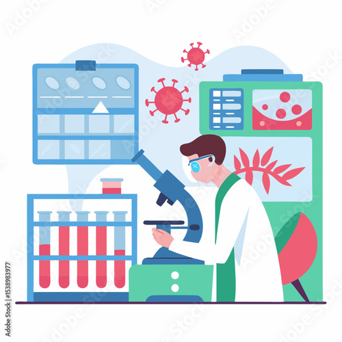 Scientist examining samples with microscope in laboratory with test tubes and virus cell illustrations