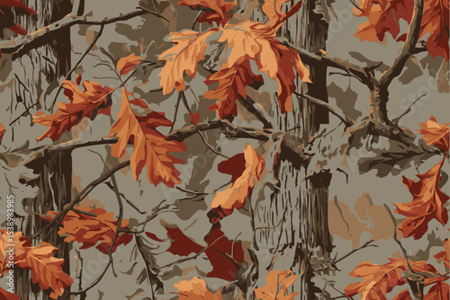 A camouflage pattern with an autumn color scheme, featuring leaves and branches in brown.Camouflage seamless pattern. Hunting camouflage background. Vector tree hunting camouflage woodland pattern.