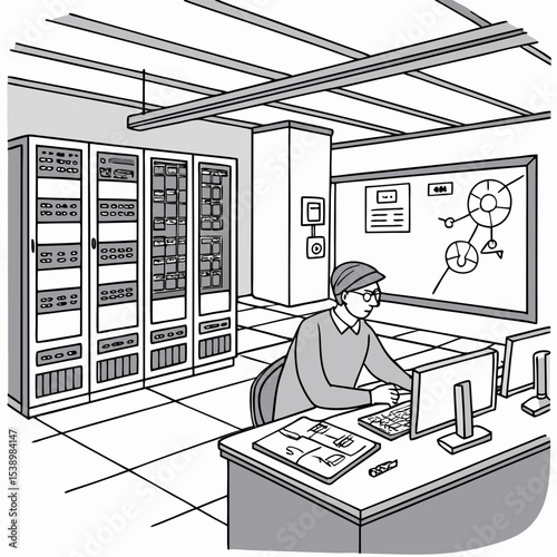 Man working at computer in server room with racks and whiteboard, wearing glasses and a hat, indoor scene