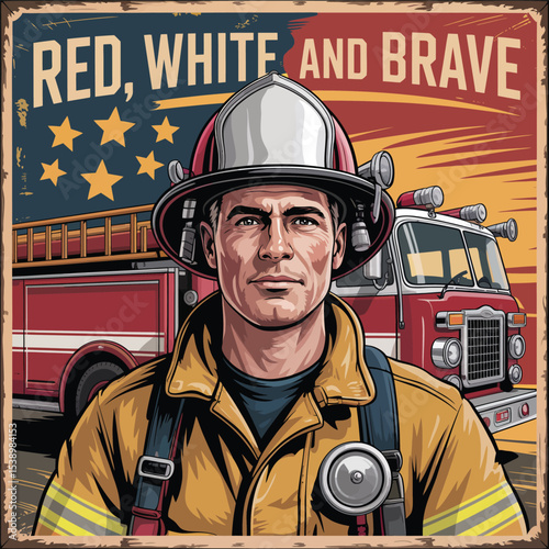 Courageous firefighter proudly posing with fire truck honoring the american flag and values