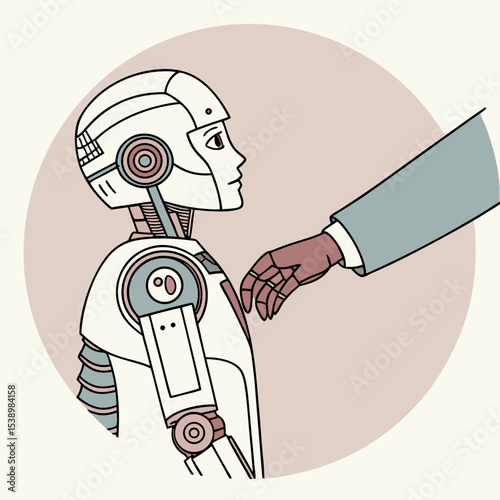 A stylized robot with a human hand reaching out towards it in a pastel color palette on a light background