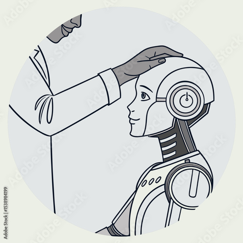 Illustration of a doctor in a lab coat touching the head of a robot with a circular background design