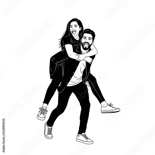 Happy Couple Piggyback Ride Illustration