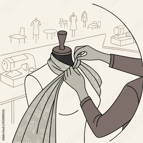 A dress form with a patterned fabric draped on it and hands adjusting the fabric in a sewing room scene