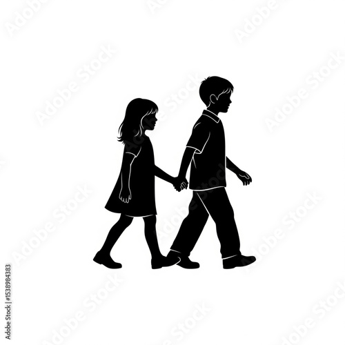 Boy and Girl Children Holding Hands Walking Silhouettes