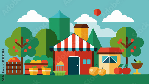 Fruit stand with baskets of apples and colorful houses among trees in a flat cartoon farm scene on a sunny day