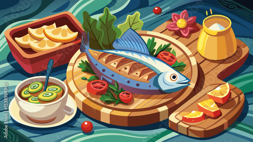 Forshmak with herring, herbs, lemon slices, soup, and toast on wooden boards in a vibrant cartoon food illustration