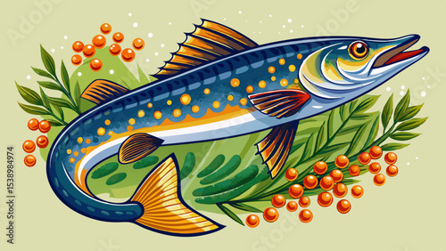 Brightly colored freshwater fish with blue scales, orange fins and berries, surrounded by aquatic plants in a stylized cartoon illustration