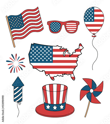 Patriotic collection of american icons including flag map sunglasses balloon and more