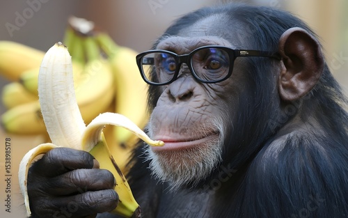 A smart chimpanzee wearing glasses while eating a banana, with a bunch of bananas nearby. The image conveys intelligence and a playful attitude