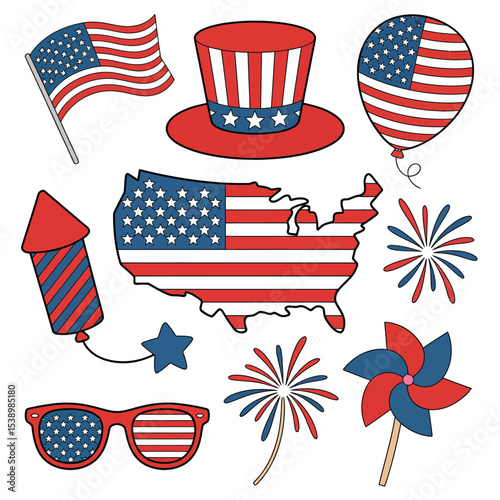 Patriotic collection of usa icons and elements for independence day celebrations