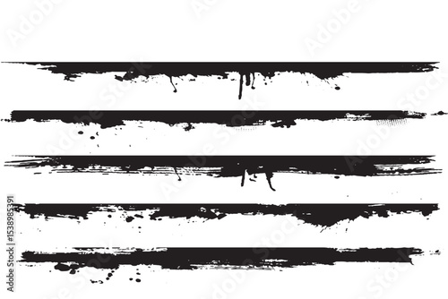 Set of Five Black Grunge Brush Strokes and Ink Splatters