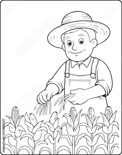 A farmer working in corn field vector outline coloring page for kids