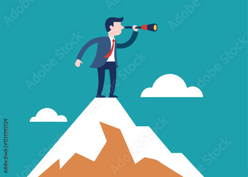 Cartoon vector illustration of a businessman character on a ladder climbing to success, representing the concept of work, finance, and vision