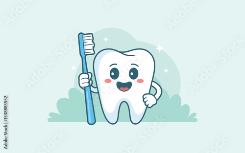 Happy Tooth Character Brushing Teeth Vector Illustration
