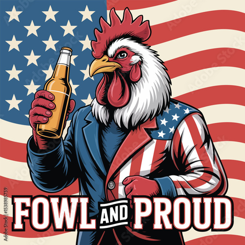 Patriotic rooster character holding beer wearing usa flag jacket proudly posing