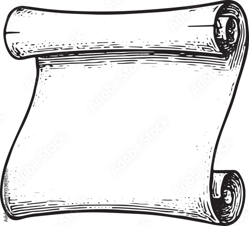 A hand-drawn old papyrus roll with a tight curl on the left, featuring a weathered texture and blank surface, ideal for vintage invitations or historical designs
