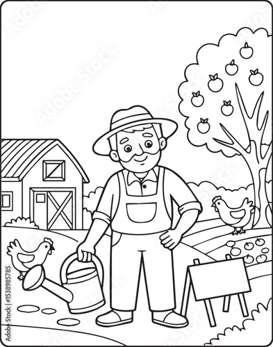 A farmer feeding hens in farm house vector outline coloring page for kids