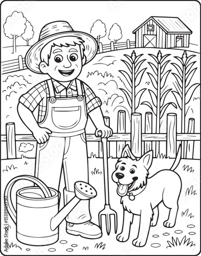 A cute old farmer working in corn field vector outline coloring page for kids