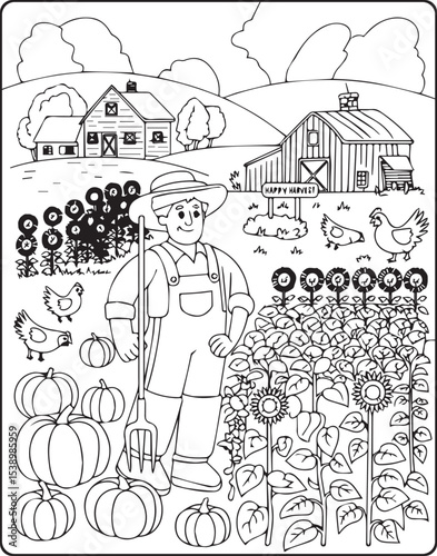 A farmer working in corn field and feeding hens beside a farm house vector outline coloring page for kids