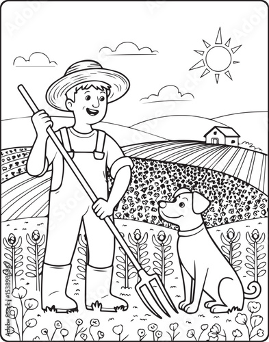 A happy farmer working in corn field vector outline coloring page for kids
