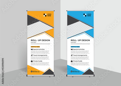 Roll up banner stand template design, advertisement, pull up, polygon background, business flyer, display, x-banner, flag-banner