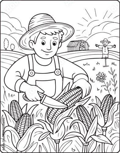 A happy farmer working in corn field vector outline coloring page for kids