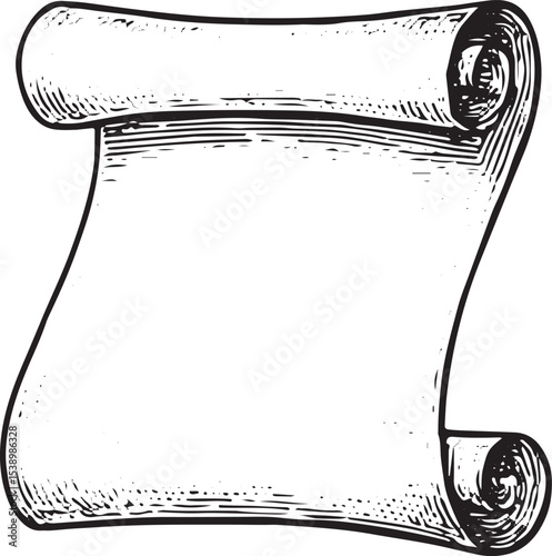 A hand-drawn old papyrus roll with a tight curl on the left, featuring a weathered texture and blank surface, ideal for vintage invitations or historical designs