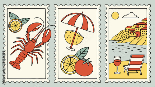 Mediterranean summer vacation postage stamp art