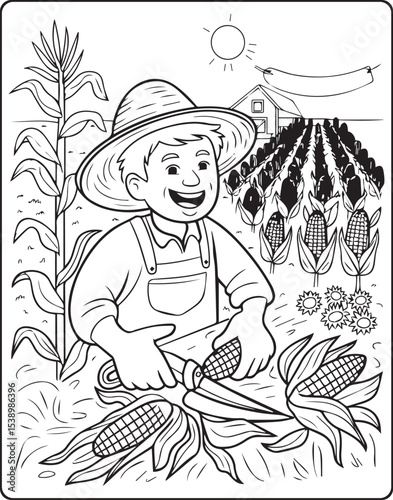 A beautiful farmer working in corn field vector outline coloring page for kids