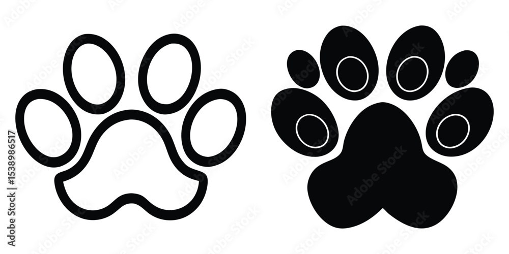 Fototapeta premium Dog and Cat Paw Print Icon Set, Black Silhouette and Outline Vector On White Background
