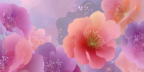 Elegant Blossom Pattern with Layered Petals in Light Purple and Peach Tones

