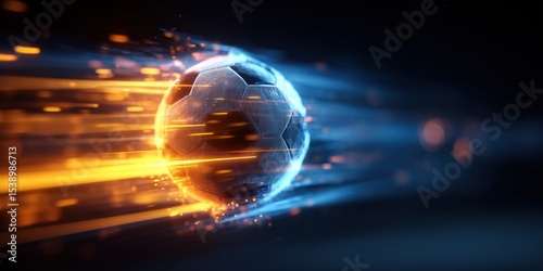 Futuristic Motion Blur Design with Flying Soccer Ball Surrounded by Glowing Lines

