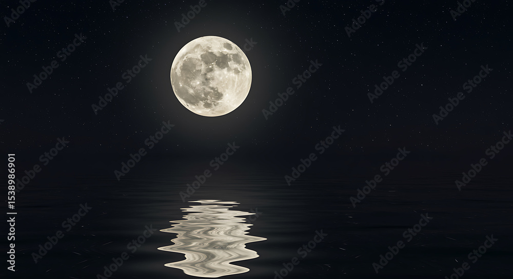 Fototapeta premium Full moon illuminating calm water with starry sky above during a serene and peaceful night