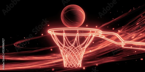 Minimal Neon Basketball Design Featuring Red Light Trails and Hoop on Black Background

