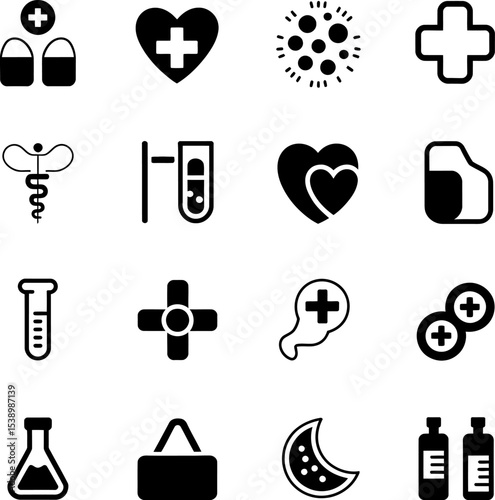 A collection of medical and health related icons displayed in a square arrangement