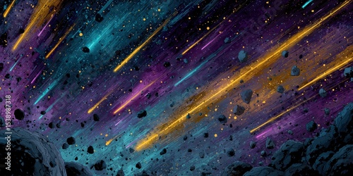 Vibrant Sky with Purple, Teal, and Gold Comets Among Asteroids

