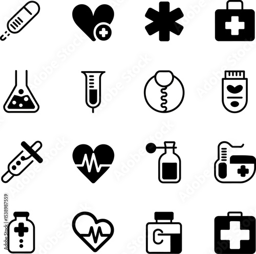 Collection of medical icons including thermometer heart first aid kit and more items