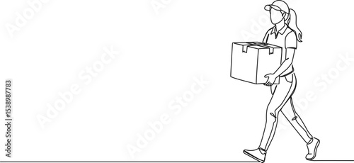 continuous single line drawing of female package deliverer carrying parcel, line art vector illustration