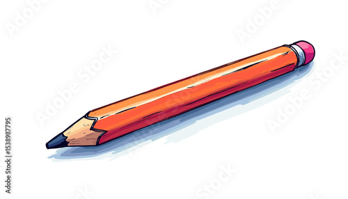 Orange pencil with pink eraser lying on a white background in simple sketch style    