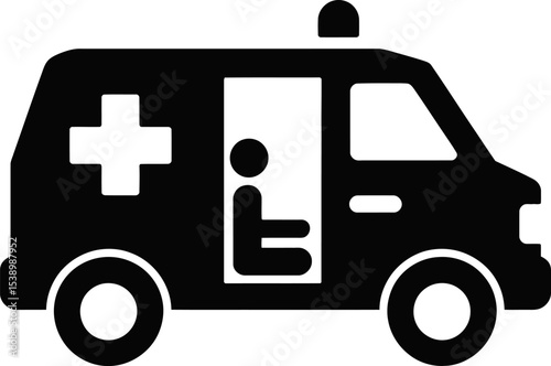 A black and white ambulance icon with a person sitting inside the vehicle icon