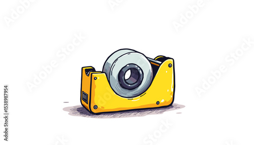 Yellow adhesive tape dispenser with tape on white background in simple sketch style    