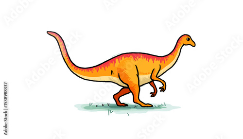 Cartoon dinosaur walking on grass with colorful skin in simple sketch style    