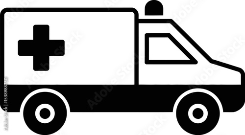 A black and white ambulance icon with a cross on the side and two round wheels